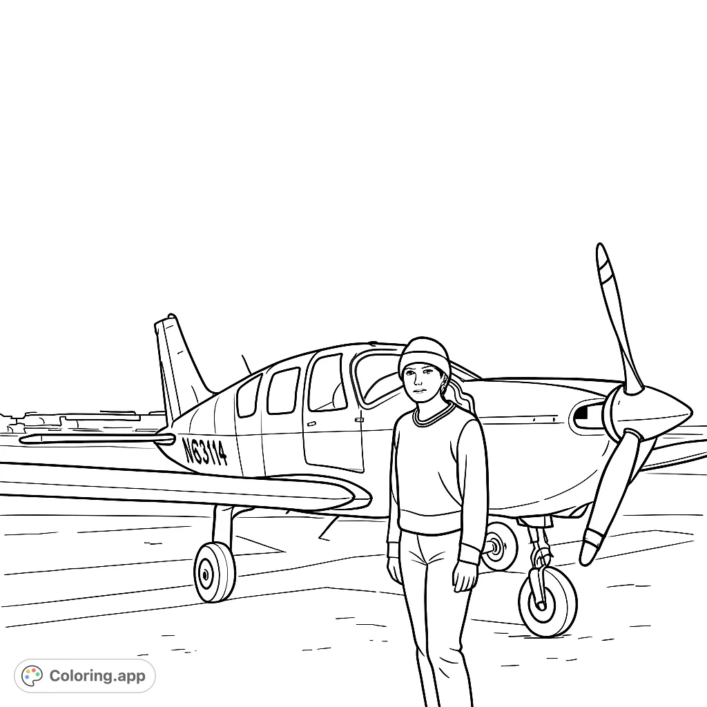 A person stands proudly beside a sleek propeller plane on an airfield, ready for adventure. Perfect for aviation enthusiasts.