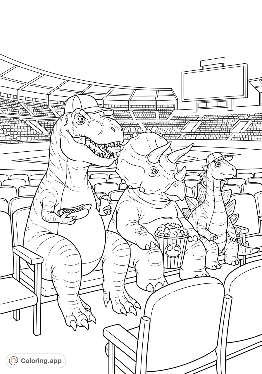 A fun dinosaur family enjoys a baseball game from stadium seats, complete with snacks and cheering. A unique prehistoric sports scene.