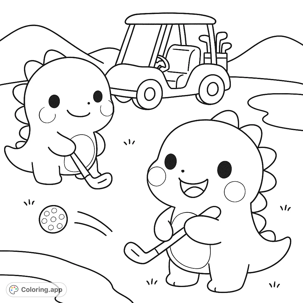 Adorable dinosaurs enjoy a round of golf on a sunny course with a golf cart nearby. A fun and playful scene for all ages.