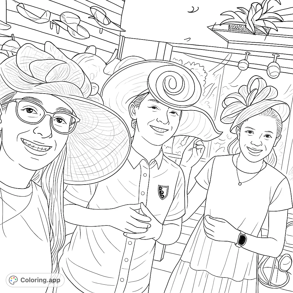 Three friends trying on elaborate, wide-brimmed hats in a shop, surrounded by many other unique headwear designs. A fun fashion scene.