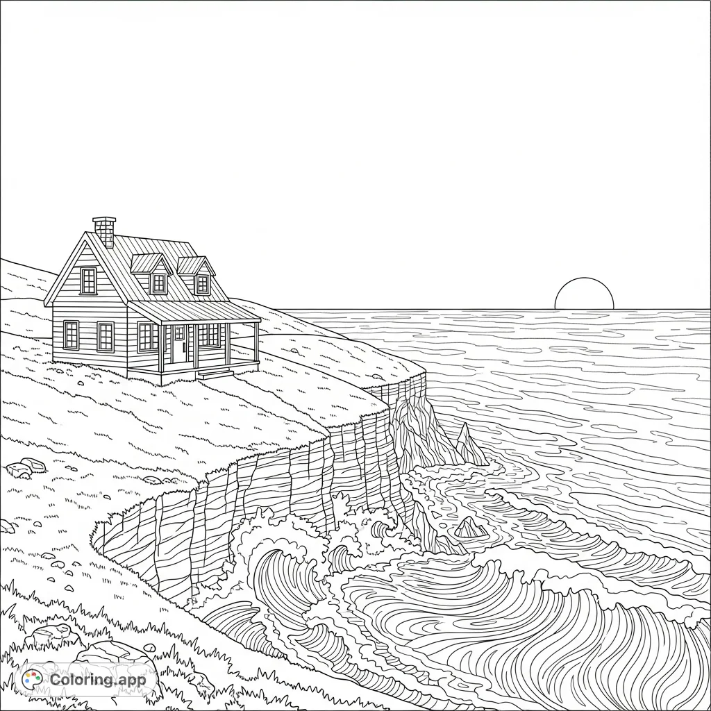 Discover a serene coastal cabin nestled on a grassy hill overlooking dramatic cliffs and a vast ocean. A tranquil sunset scene perfect for relaxation.