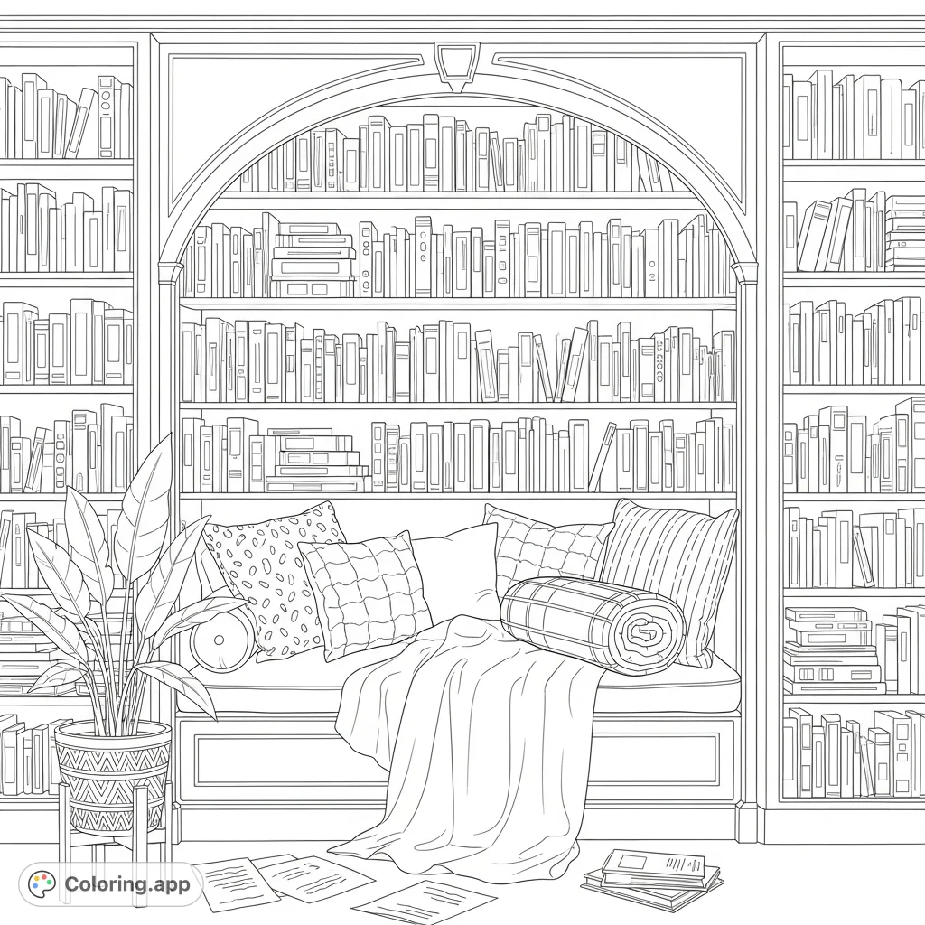 Immerse yourself in a detailed cozy reading nook coloring page, featuring towering bookshelves, plush pillows, and a tranquil potted plant, perfect for relaxation.
