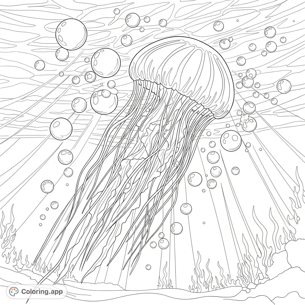 Dive into the serene deep with this graceful jellyfish coloring page, surrounded by floating bubbles and subtle underwater flora. Perfect for ocean lovers!