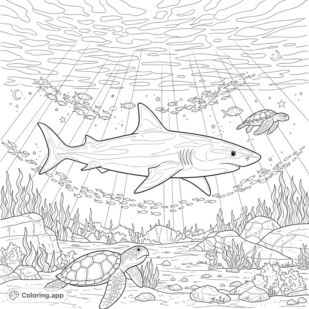 Dive into a serene ocean scene featuring a gentle shark, playful fish, and swimming turtles. A beautiful free printable ocean coloring page for all ages.