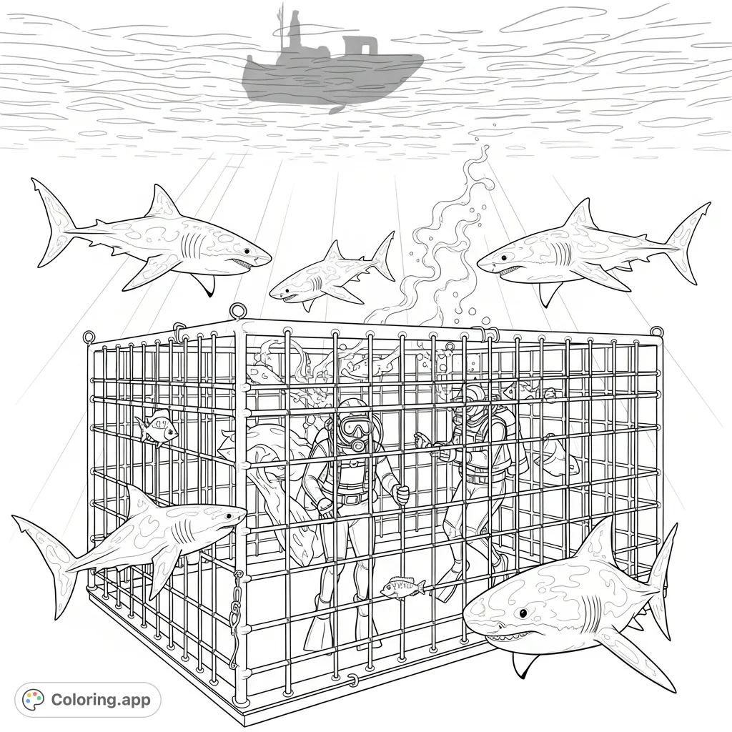 Dive into an exhilarating underwater scene featuring a robust shark cage, two divers, and four realistically depicted great white sharks circling with curiosity.