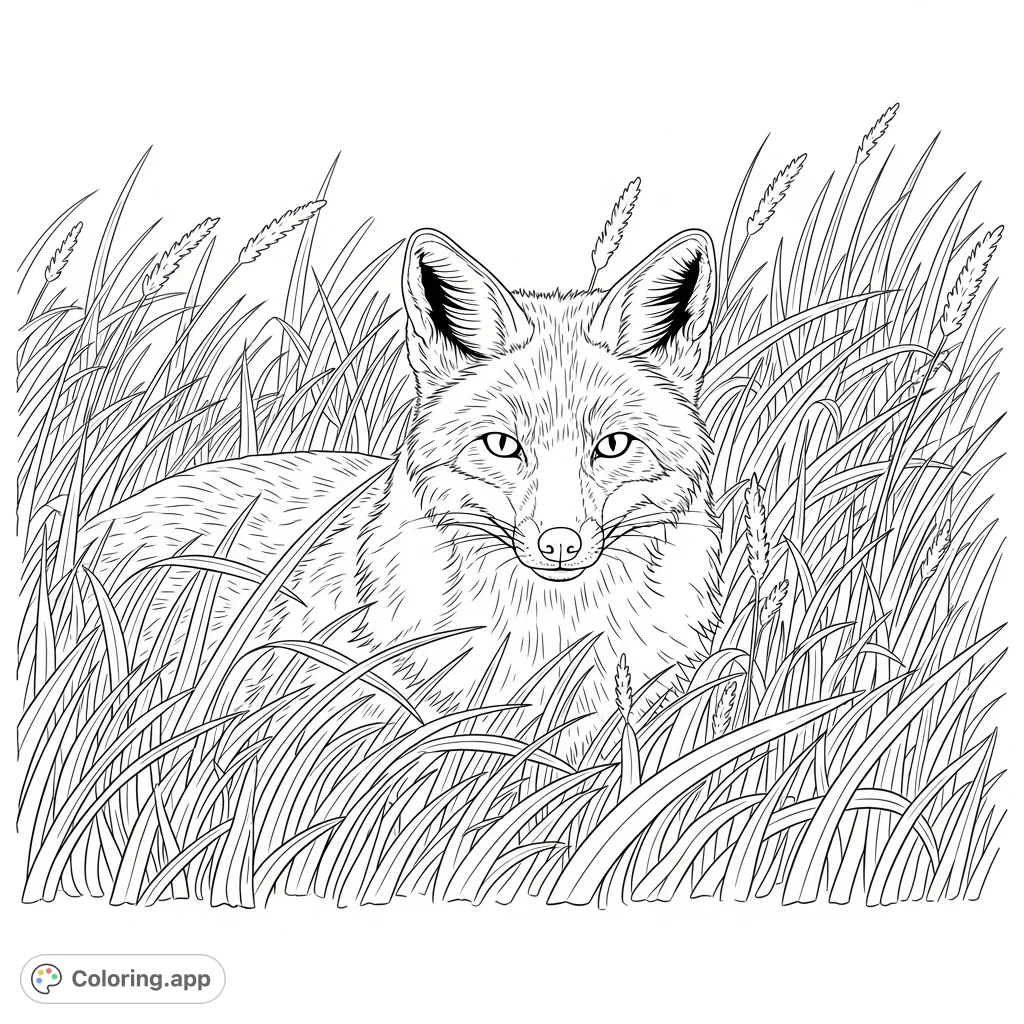 A captivating fox, partially hidden in dry grasslands, stares intently. This detailed animal coloring page offers a rewarding challenge for nature enthusiasts.