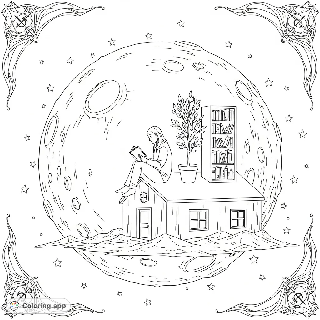 Escape to a whimsical lunar reading nook. A person enjoys a book on a house-sized moon, surrounded by stars and mystical symbols.