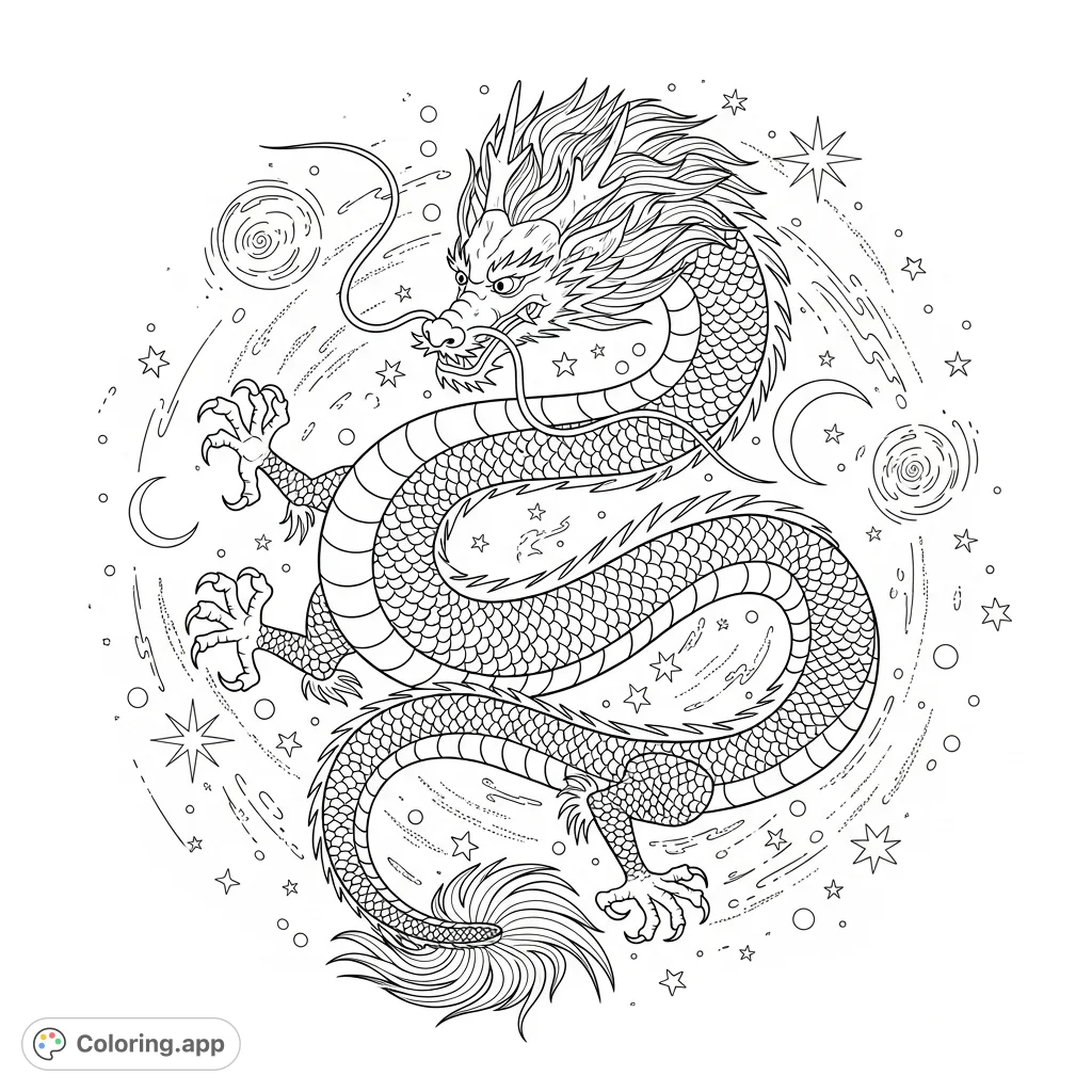 Discover a powerful Asian dragon coiling amidst a starry cosmos. This intricate coloring page invites you to bring a mythical creature to life.