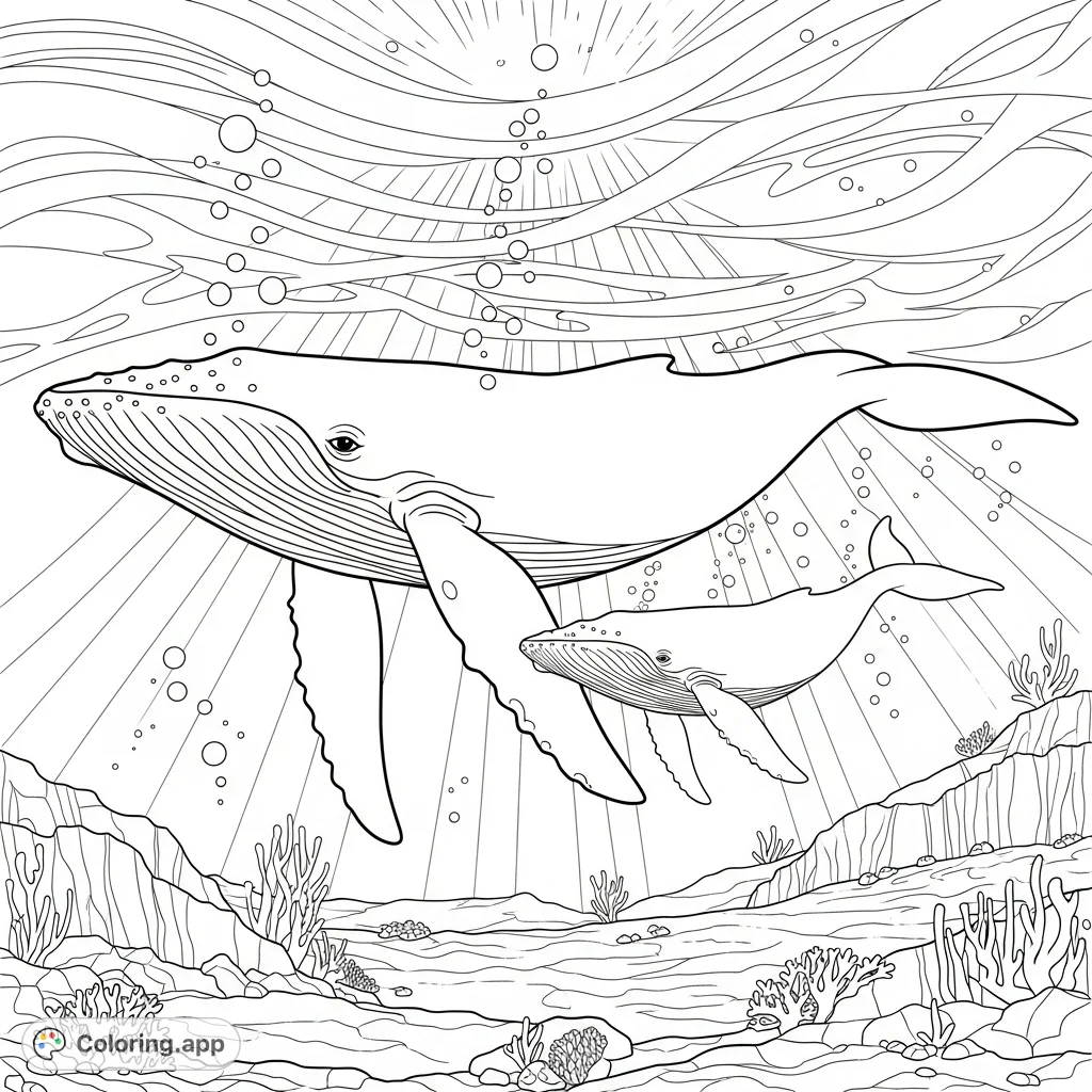 Dive into a serene underwater world featuring a majestic humpback whale and its smaller companion, swimming gracefully amidst ocean currents and marine flora.