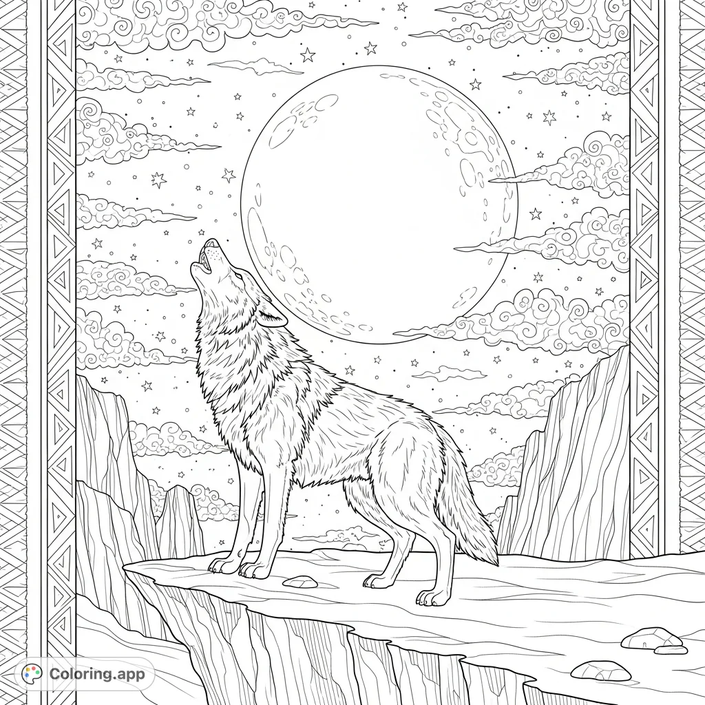 A stunning wolf howls at a colossal full moon from a cliff, surrounded by a star-studded night sky and distant peaks. A captivating animal coloring page.