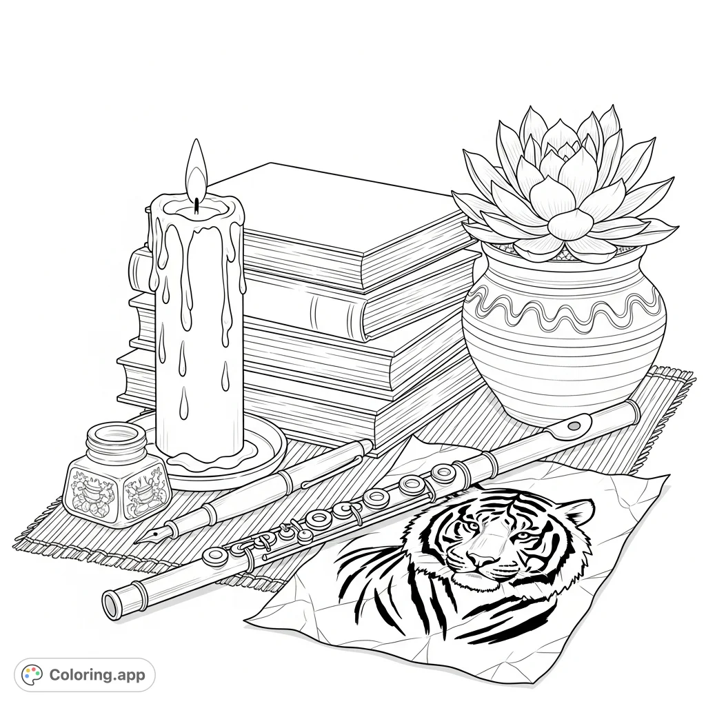 Explore a mysterious Asian-themed still life with a candle, books, a nib pen, a succulent, a piccolo, and an expressive tiger drawing. A tranquil scene for coloring.