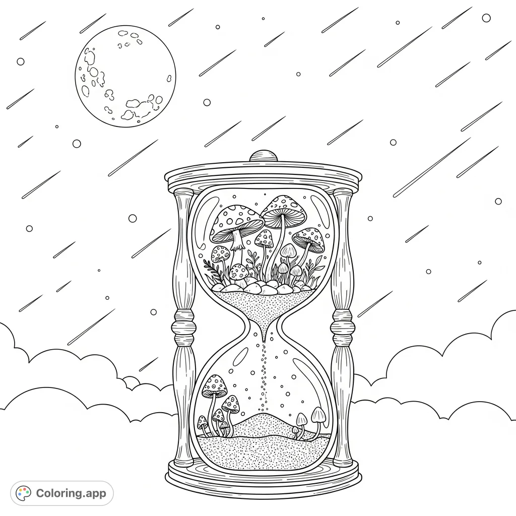 Discover a captivating celestial hourglass coloring page, featuring a detailed mushroom ecosystem within its bulbs, set against a dynamic night sky with a full moon.