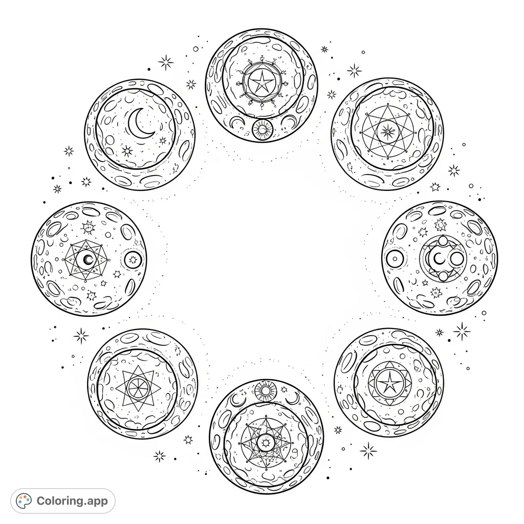 Explore the celestial beauty of the moon's eight phases, each adorned with mystical symbols, arranged in a captivating circular design. A cosmic journey awaits!