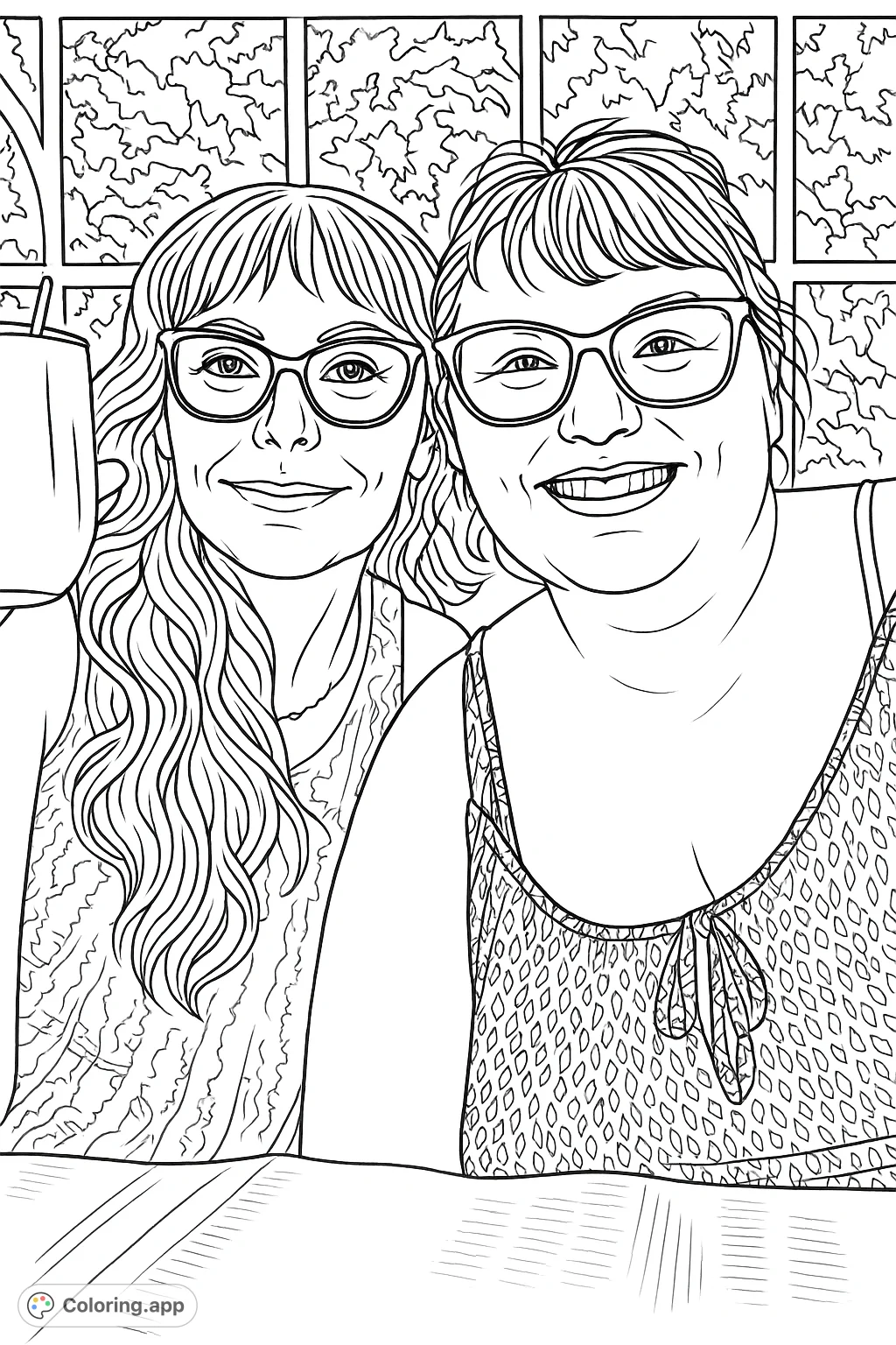 A heartwarming portrait of two smiling women in glasses, perfect for celebrating friendship. Features detailed hair, patterned clothing, and a window background.