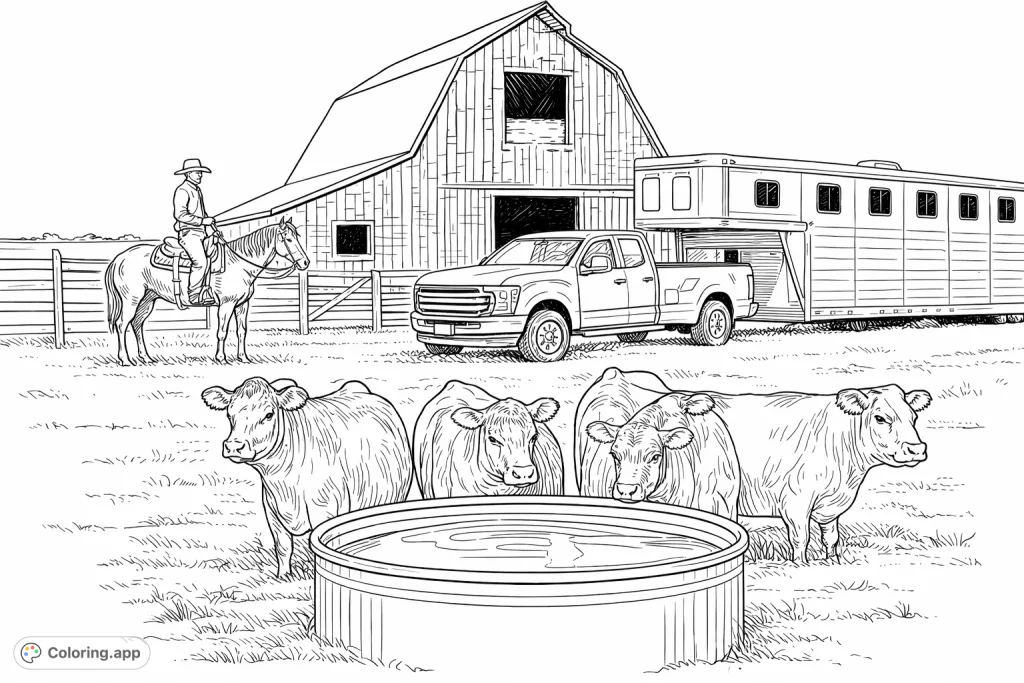 Experience rural life with a cowboy on horseback, cattle, and farm vehicles in front of a rustic barn. A classic farm scene ready for your creative touch!