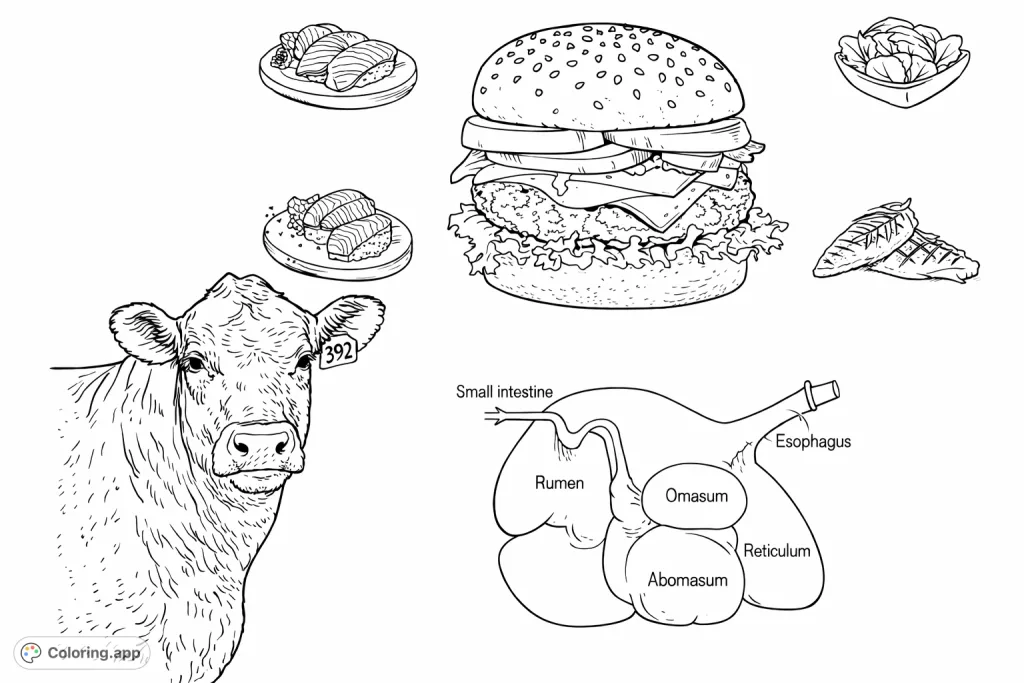 Explore the journey of food with this educational coloring page featuring a cow, various food products, and a diagram of a ruminant stomach.