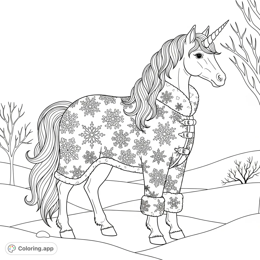 A majestic unicorn wearing a cozy coat covered in intricate snowflakes stands in a serene winter landscape, ready for a magical coloring adventure.