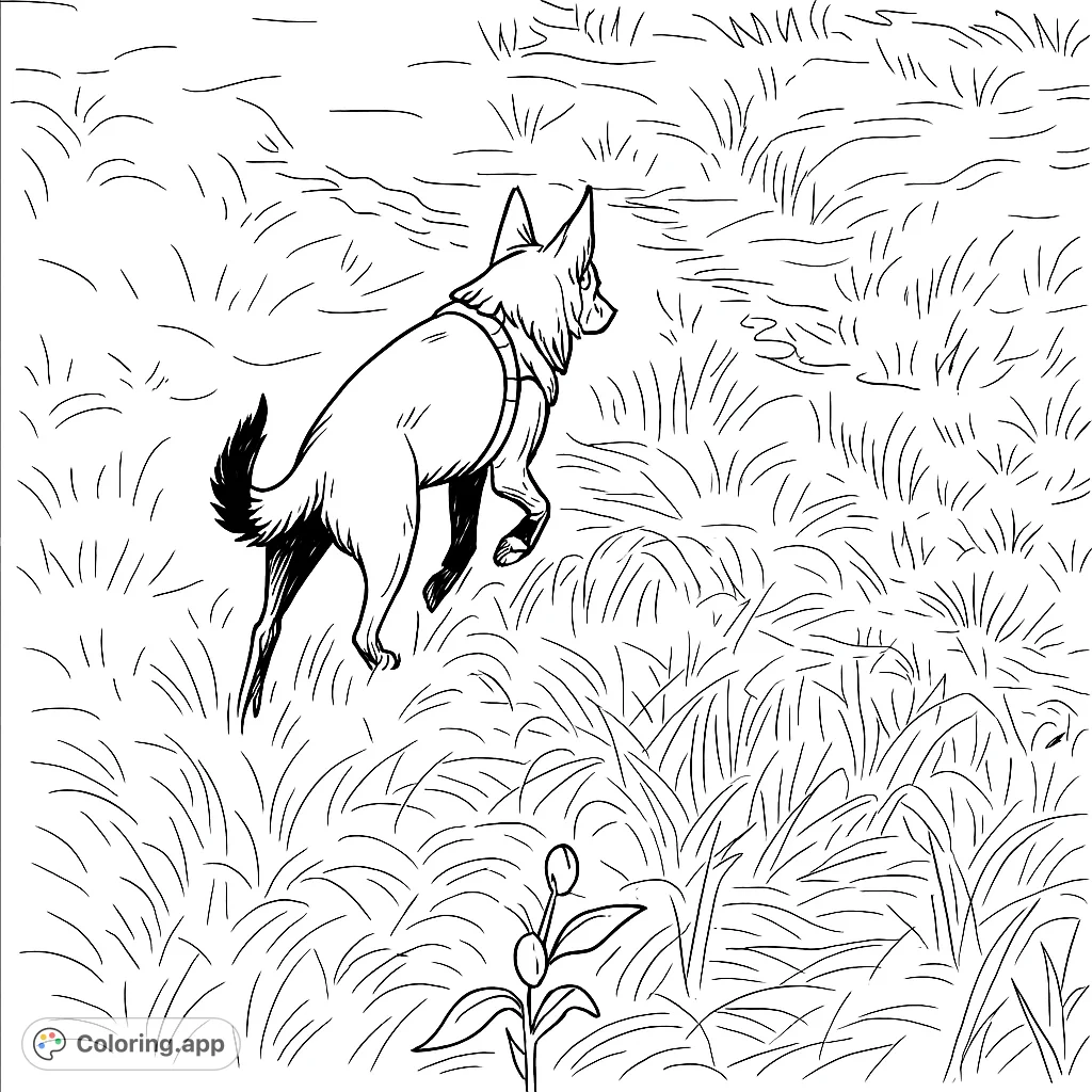 A loyal canine companion explores a textured grassy field, ready for adventure. Perfect for dog lovers to personalize with their favorite hues.