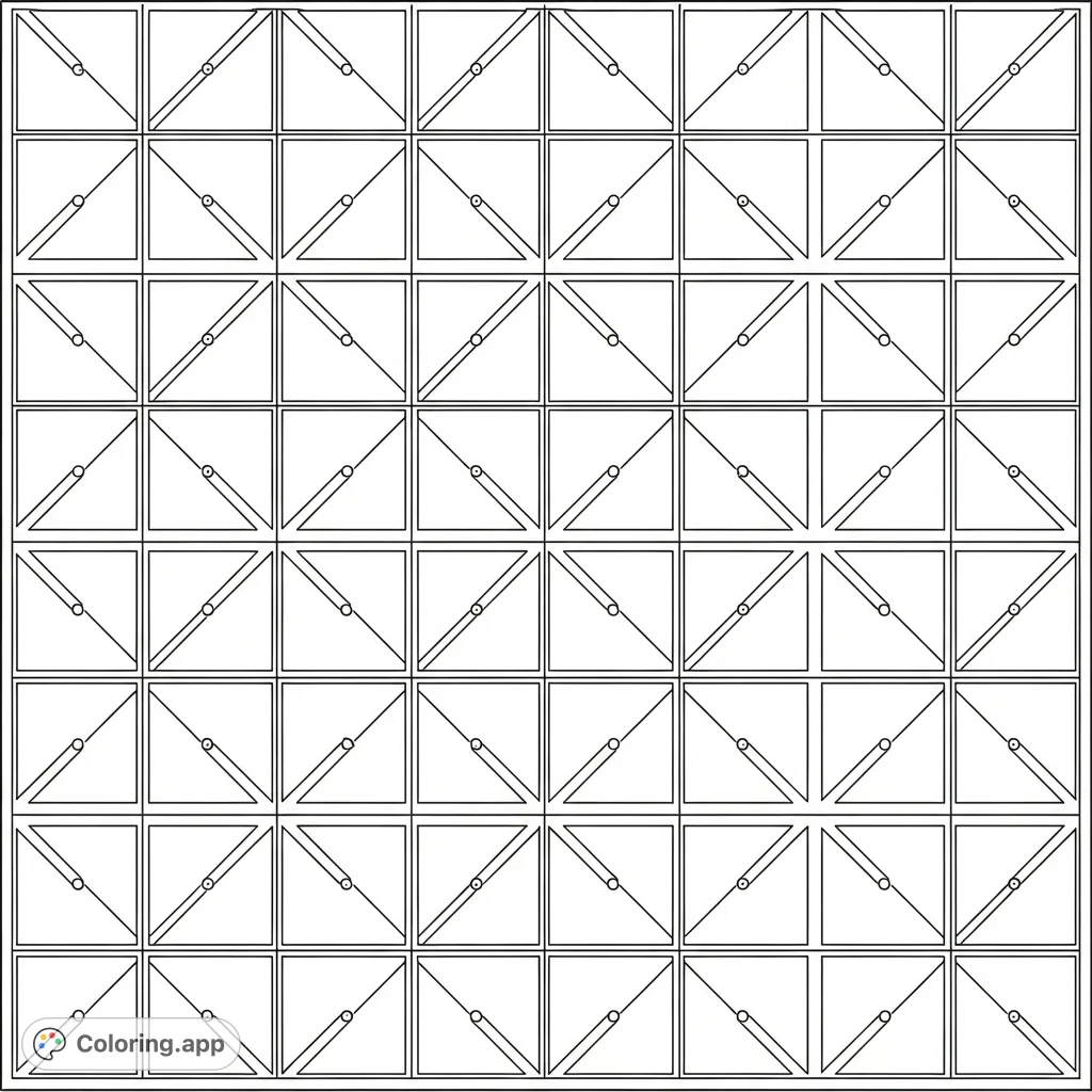 An intricate geometric pattern featuring a repeating grid of alternating squares with diagonal lines and circles with central dots, perfect for focused coloring.