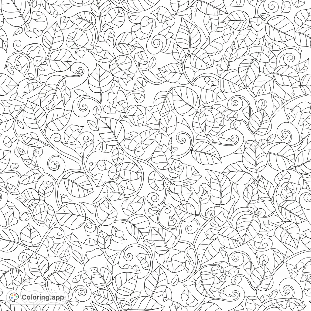 Discover an intricate botanical pattern coloring page featuring a continuous flow of stylized leaves and swirling vines, perfect for relaxation and creative expression.