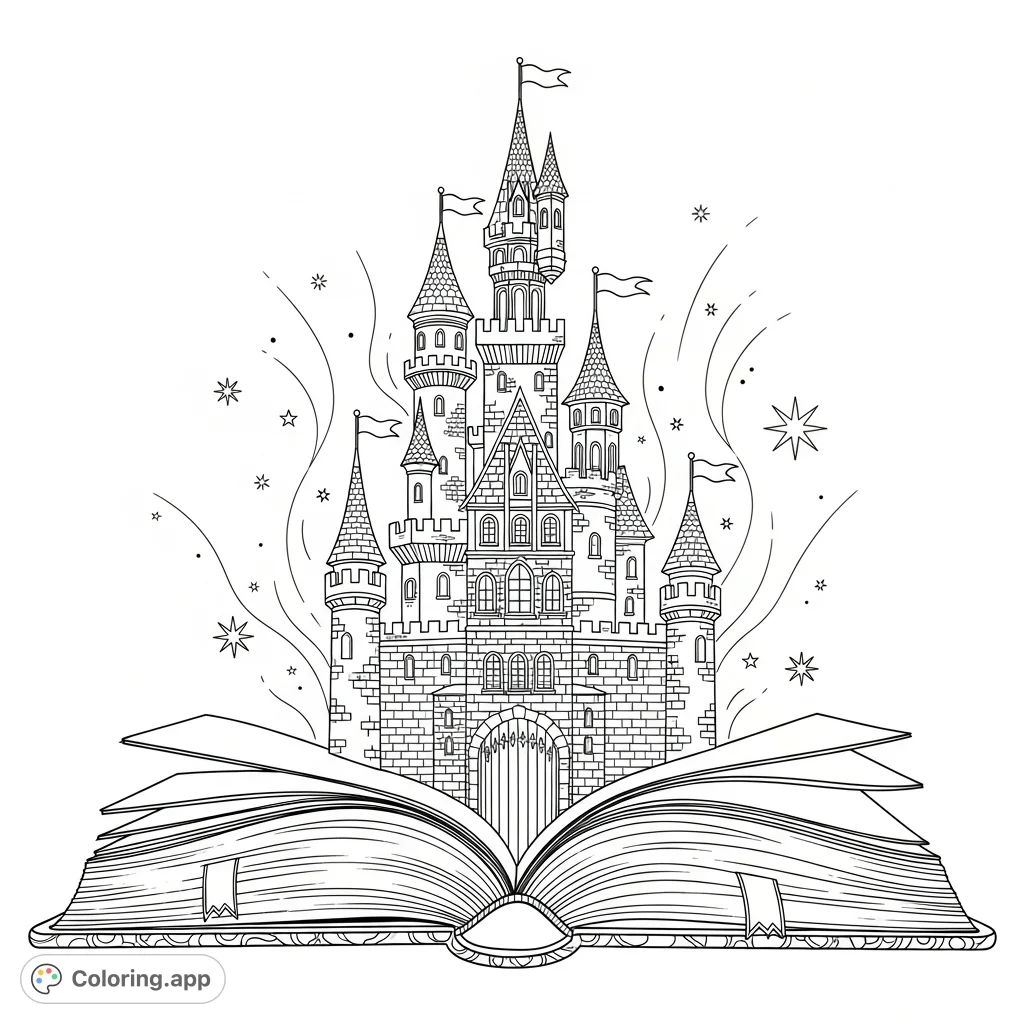A majestic castle emerges from the pages of an open book, inviting a magical coloring adventure. Perfect for fantasy lovers and dreamers.