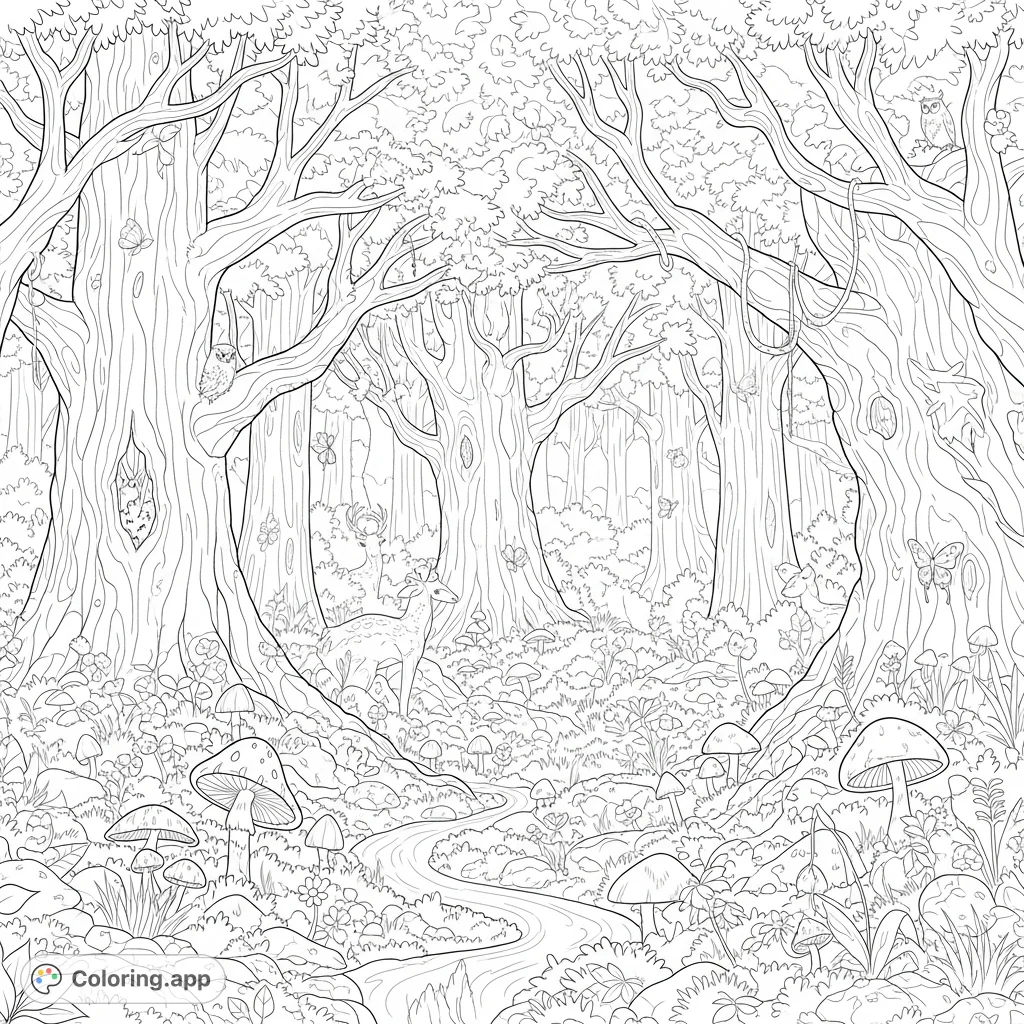 Explore a magical enchanted forest coloring page, filled with ancient trees, glowing flora, and hidden creatures. A free printable coloring page for all ages.