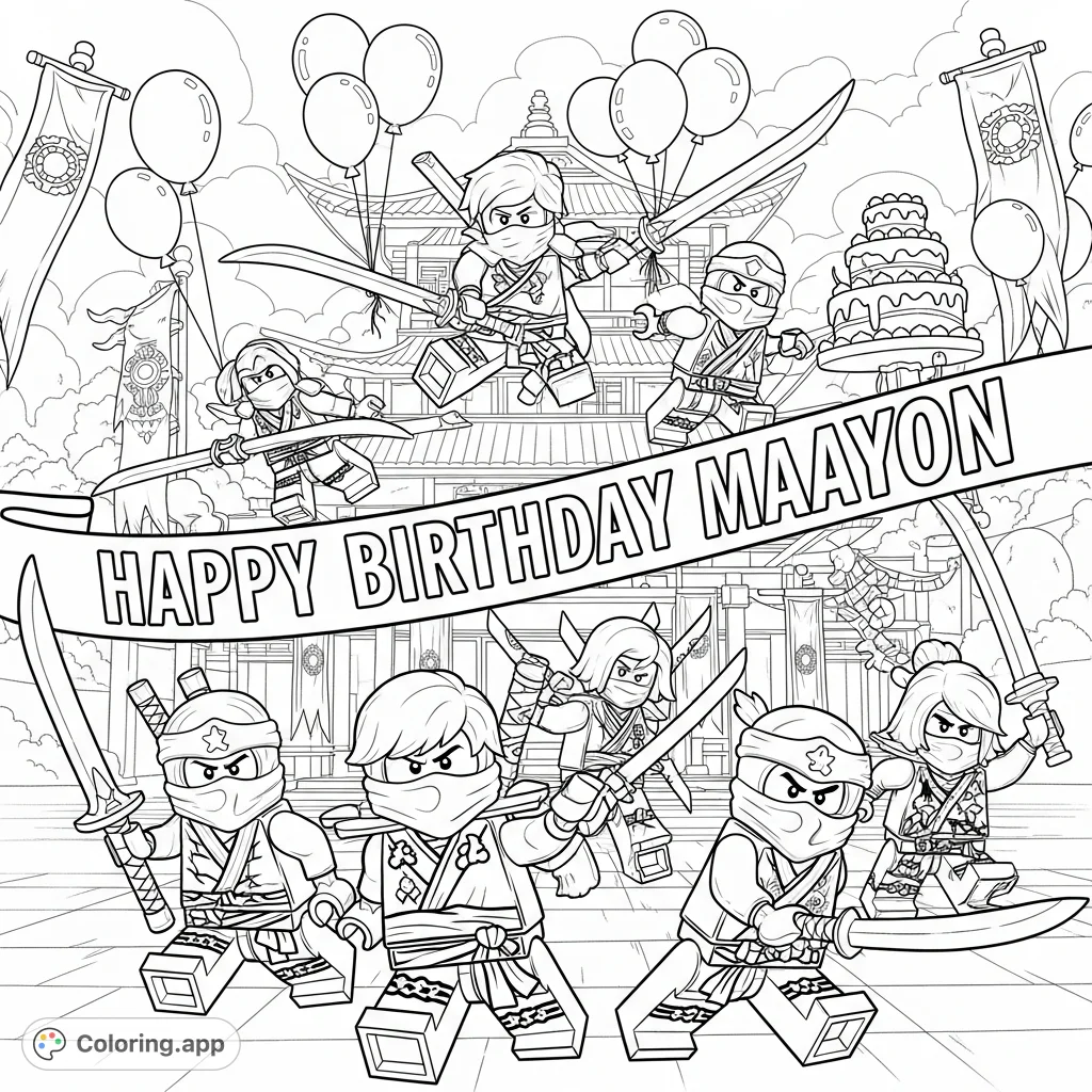An action-packed Ninjago birthday coloring page featuring Lloyd, Kai, and friends, along with "Happy Birthday Maayon" text and festive decorations.