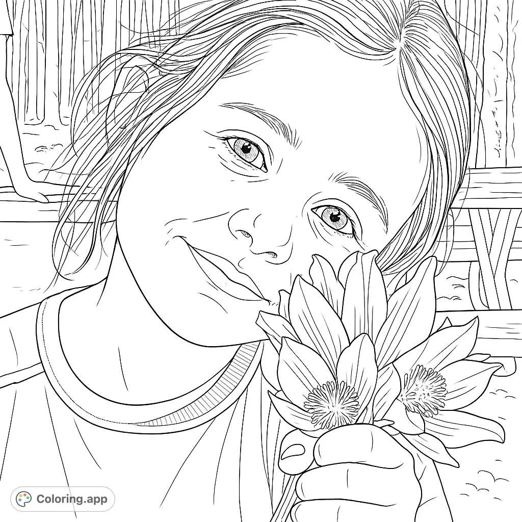 A delightful coloring page featuring a smiling young girl holding a bouquet of fresh flowers, perfect for nature and portrait enthusiasts.