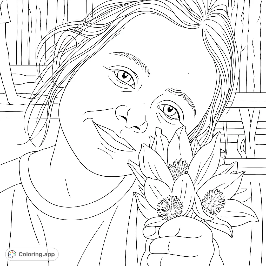 A delightful coloring page featuring a smiling girl holding a bouquet of delicate spring flowers, set against a natural outdoor background.