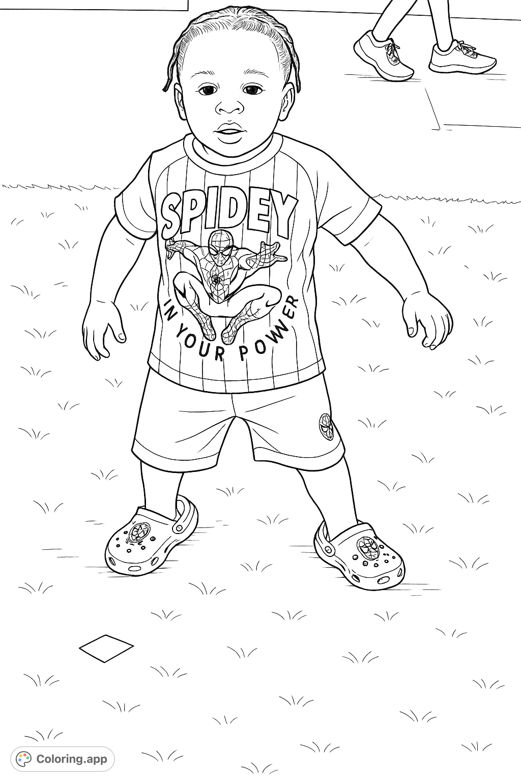 A young child dressed as a superhero fan, ready for adventure. Features a detailed superhero graphic on the shirt, perfect for imaginative coloring.
