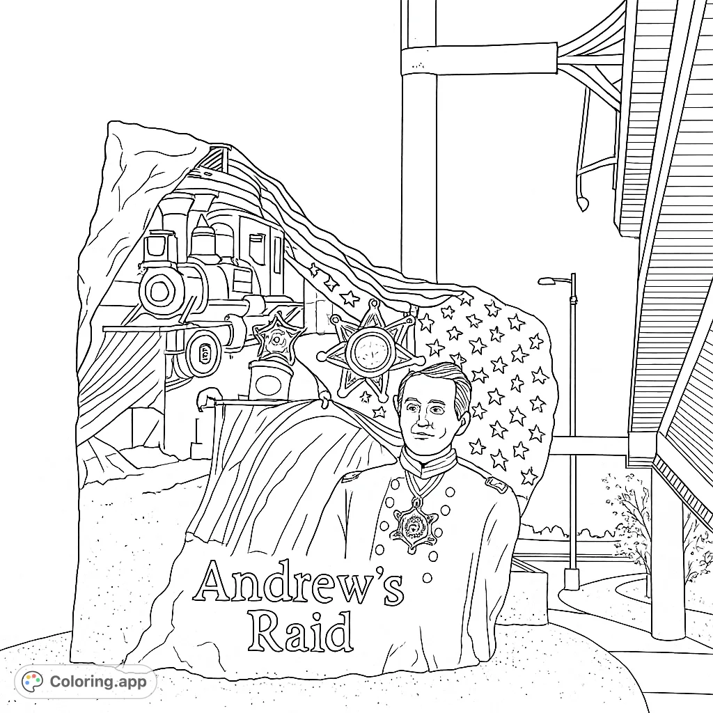 A historical scene featuring a steam locomotive, a uniformed figure, and patriotic flags, commemorating Andrews' Raid. A detailed historical coloring page.