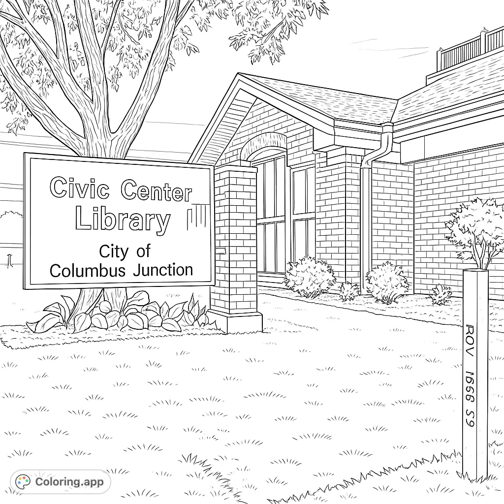Explore the detailed architecture of a community library, featuring a brick facade, prominent sign, and surrounding natural elements, perfect for a relaxing coloring experience.