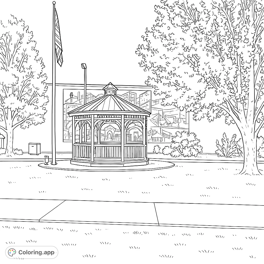 A charming park scene featuring a classic gazebo, a tall flagpole, and a detailed mural on a wall, surrounded by lush trees and a grassy expanse.