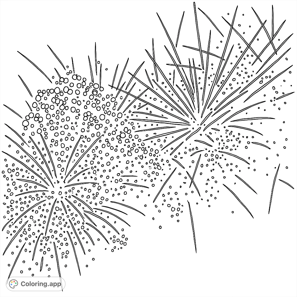 Dynamic fireworks display bursting across the night sky, with intricate trails and scattered light particles. A festive and exciting scene to color.