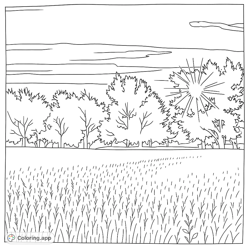 Capture the serene beauty of a field and forest silhouette against a dramatic sky. Perfect for nature lovers to bring to life with their favorite hues.