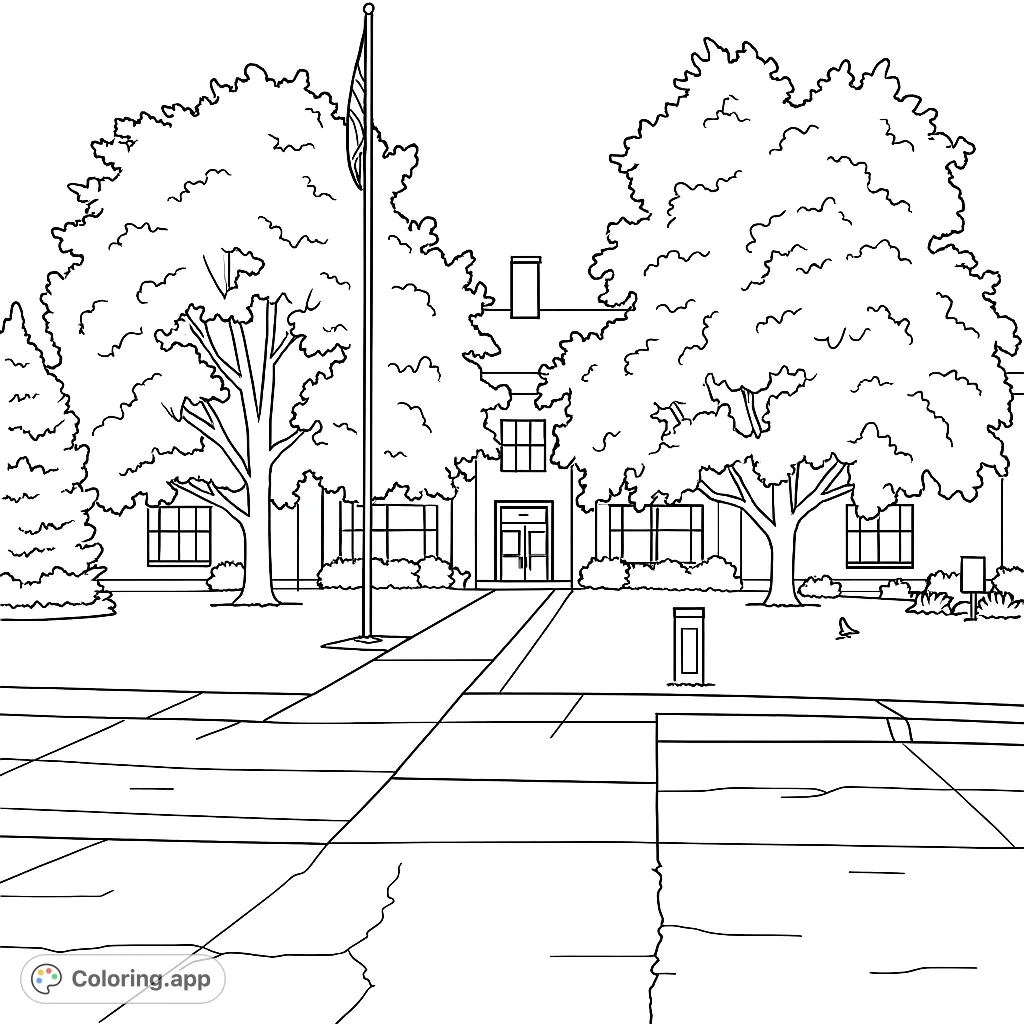 Color a stately building framed by large trees and a prominent flagpole. A peaceful scene with architectural details and natural elements.
