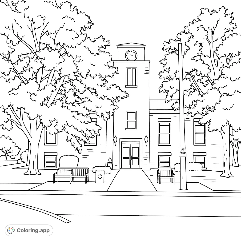 Color a charming historic building featuring a clock tower, surrounded by mature trees and a welcoming pathway. A detailed architectural coloring page.
