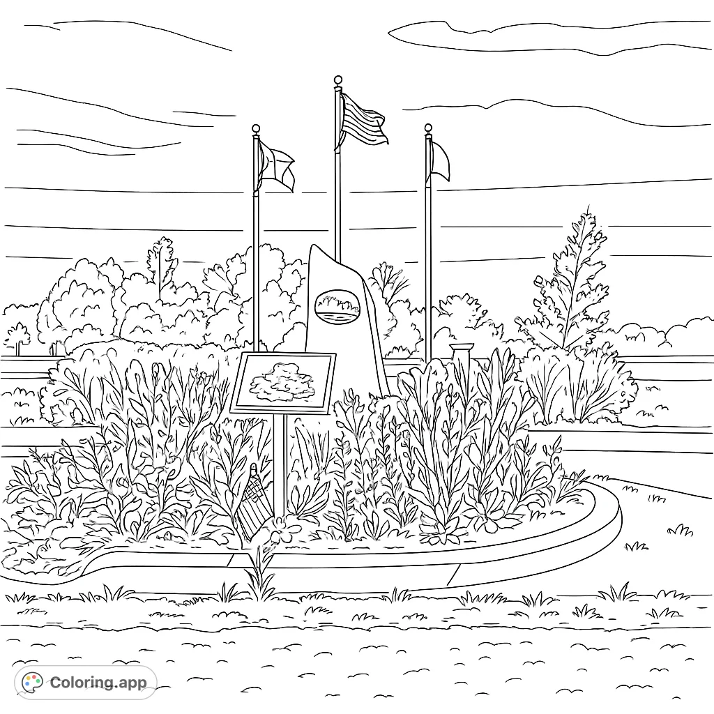 A detailed patriotic monument scene with waving flags, a historical plaque, and lush garden elements, perfect for intricate coloring.