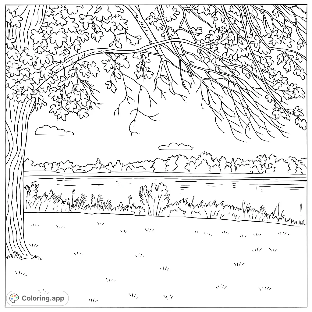 A tranquil landscape coloring page featuring a grand tree overlooking a calm lake with distant forests and a cloudy sky, perfect for relaxation.