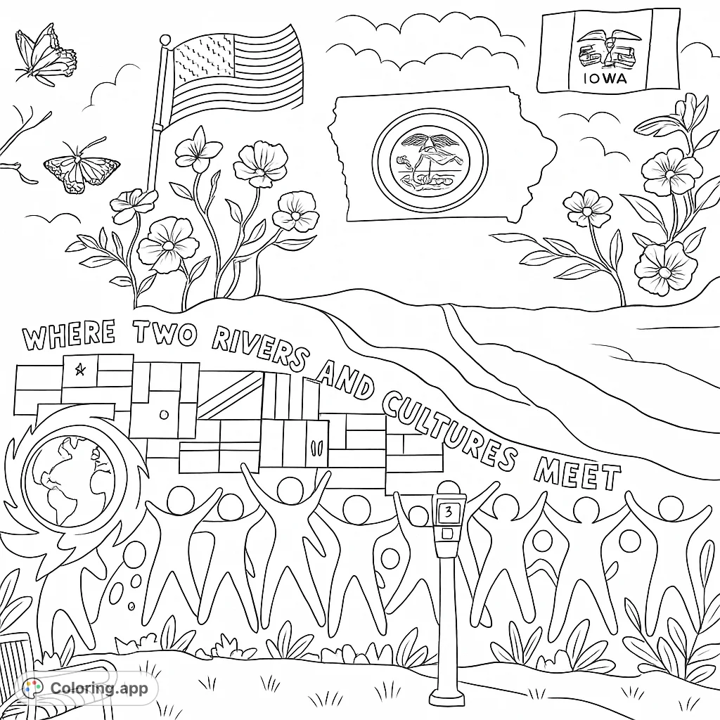 Explore a vibrant mural depicting converging rivers, diverse cultures, and unity with flags, nature, and figures. A free printable coloring page for all ages.