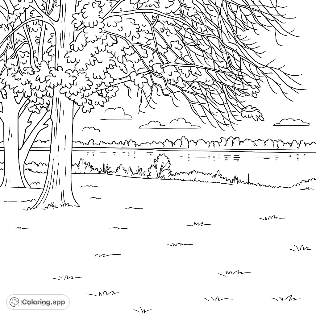 A peaceful riverside scene featuring majestic trees, calm water reflecting the distant treeline, and a vast grassy expanse, perfect for nature lovers.