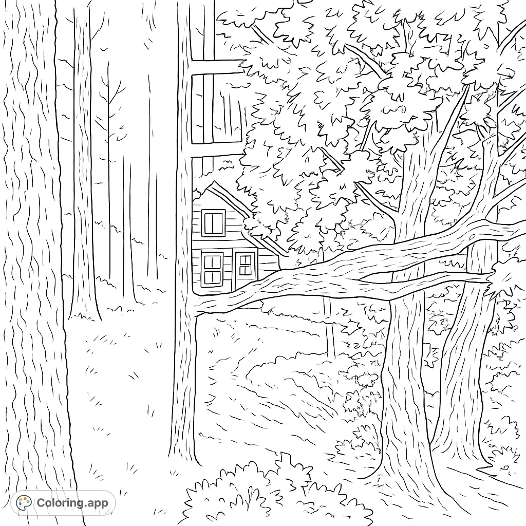 Discover a charming rustic cabin nestled among towering trees. A peaceful forest scene awaits your creative touch.
