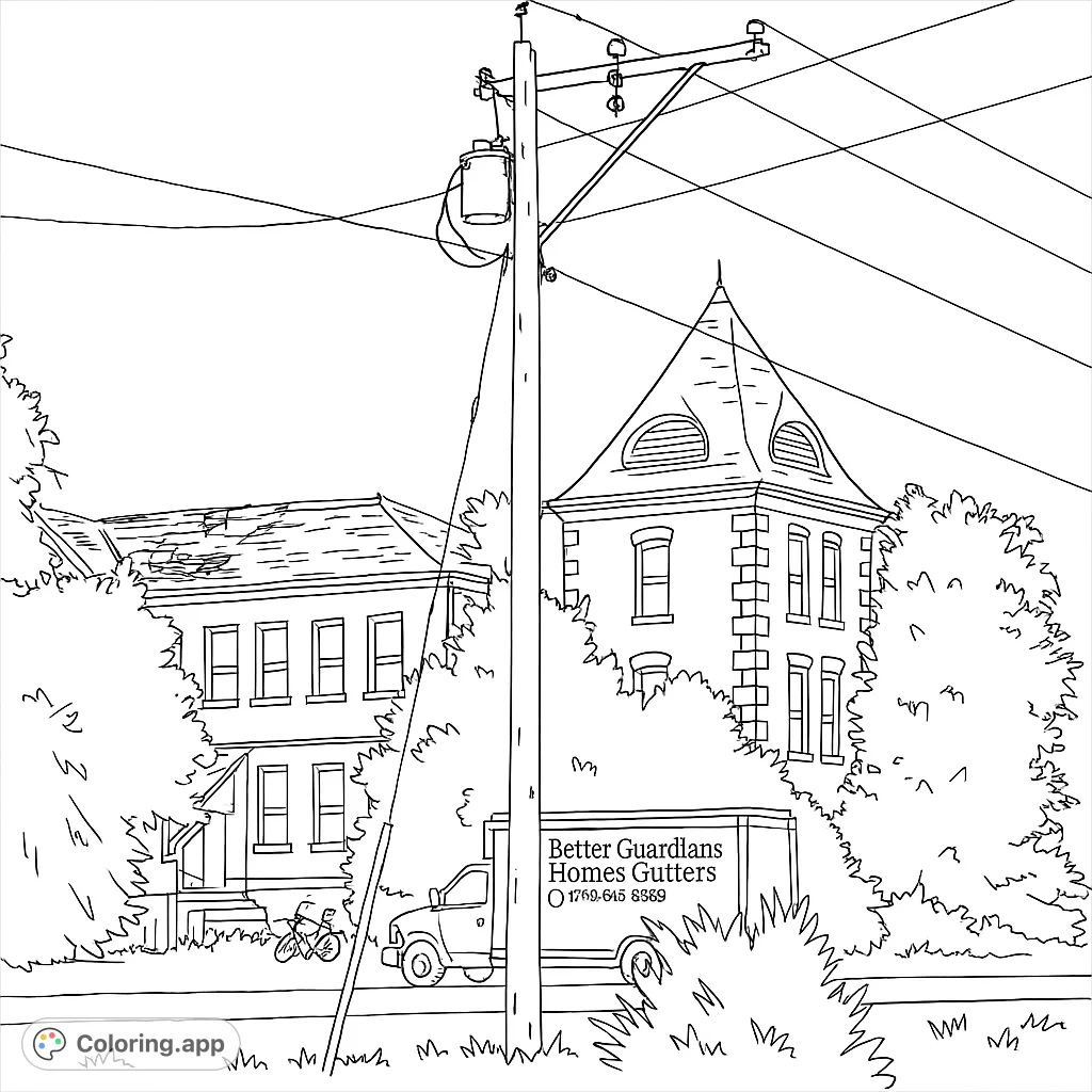 Explore a detailed coloring page featuring an old, weathered brick building with a unique conical tower, a utility pole, and dense foliage under a cloudy sky.
