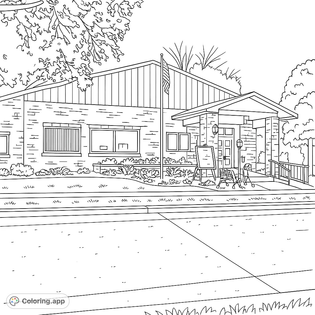 Color a charming community building with a flag, brick facade, and inviting entrance, surrounded by lush greenery and flower beds.