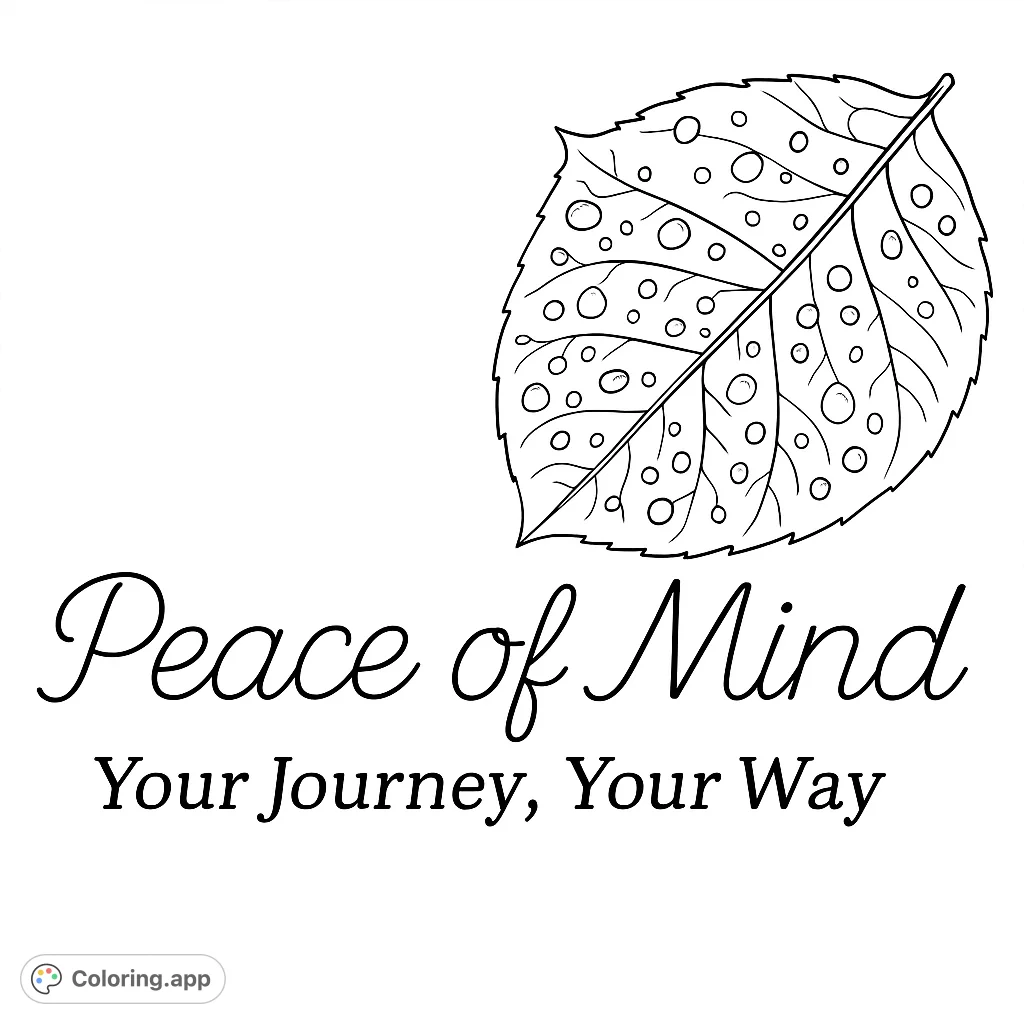 A serene coloring page featuring a single, broad leaf adorned with delicate water droplets, perfect for mindful coloring and nature lovers.