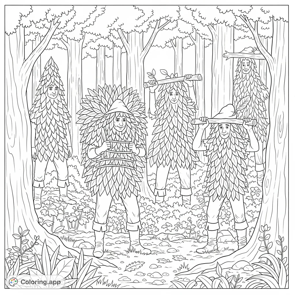 A humorous Robin Hood coloring page featuring his merry men comically disguised as trees in Sherwood Forest. A fun, detailed scene for all ages.