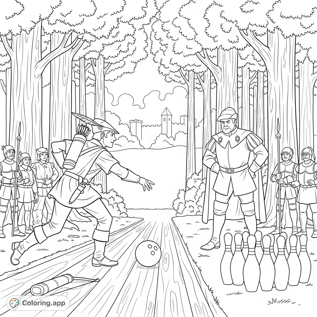 A whimsical Robin Hood coloring page depicting Robin Hood and the Sheriff of Nottingham in a lively bowling match, set in a medieval forest.