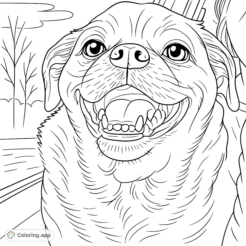 A joyful pug with an open mouth, enjoying a car ride with a scenic background. Perfect for dog lovers and detailed coloring fun!