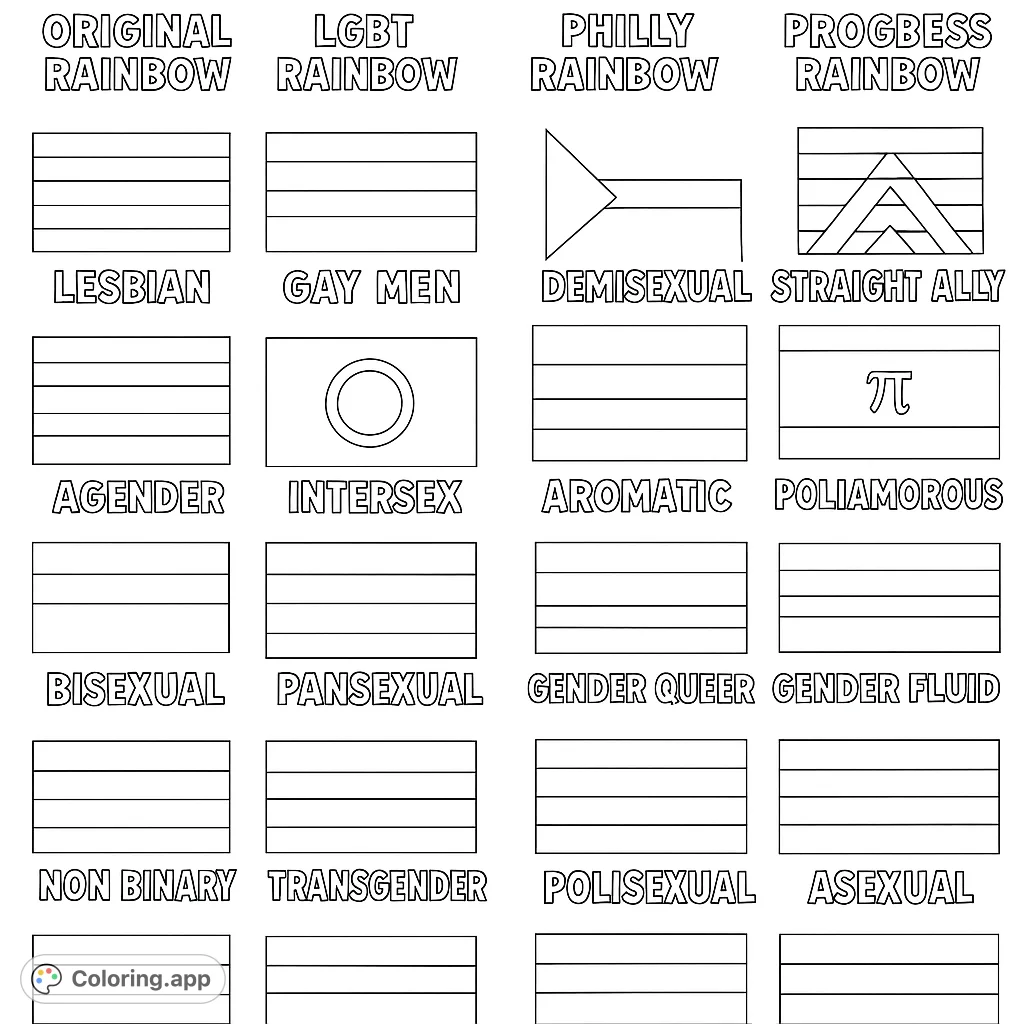 Explore a collection of diverse pride flags, each representing a unique identity. A meaningful and educational coloring page for all ages.
