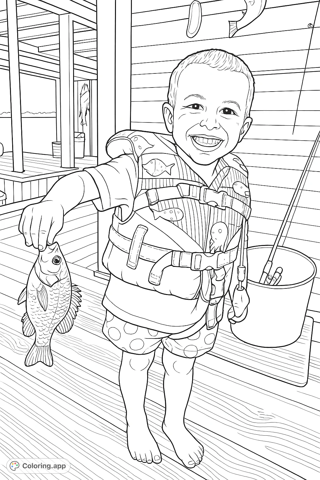 A joyful child proudly displays a freshly caught fish, wearing a life vest on a wooden dock. Perfect for young fishing enthusiasts and nature lovers.